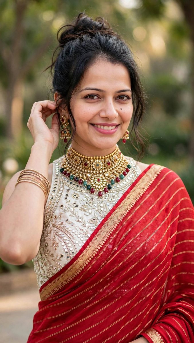 Red Gold Border Saree White Embroidered Blouse - Multicolor Navratna Choker Set AI Prompt Visual
