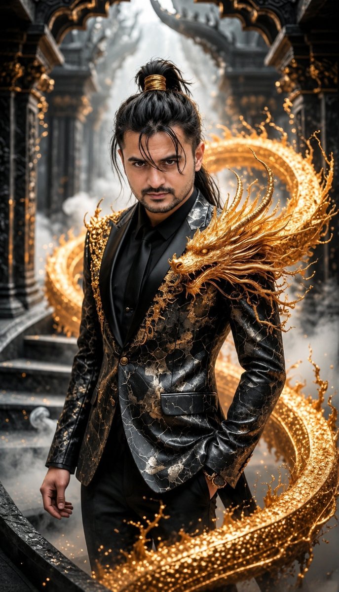 Young Handsome man standing and 3d golden dragon circle around him Diinesh Patel AI Prompt Visual