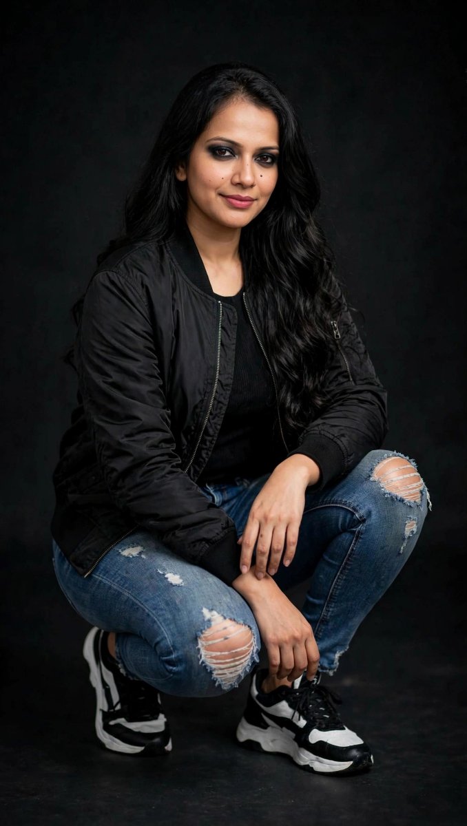 Sanjanaa Arole Black Bomber Jacket Ripped Jeans Crouch - Sneakers Squat Pose - Dark Street AI Prompt Visual