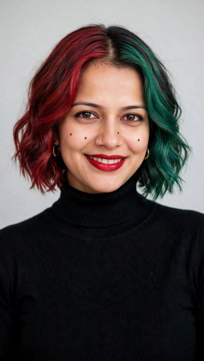 Half Red Half Green Split Hair Girl - Sanjanaa Arole AI Prompt Visual