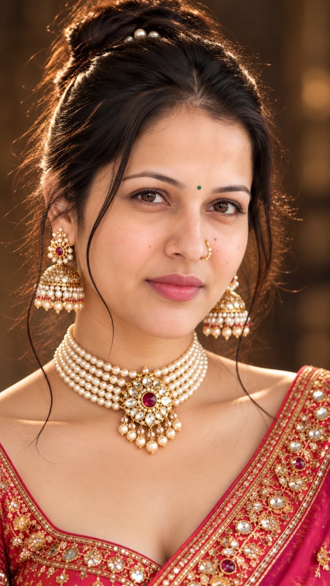 Red Heavy Embroidered Saree With Pearl Choker - Sanjanaa Arole AI Prompt Visual