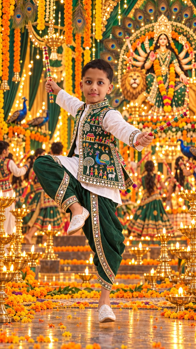 Navratri peacock Green Warli Print - Mid Jump Dandiya Dance - Green Peacock Theme Durga Pandal Night AI Prompt Visual