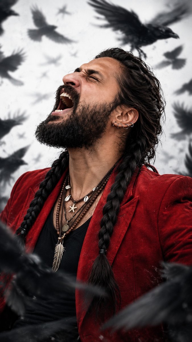 A man with long braided hair screaming at the sky surrounded by black crows. Diinesh Patel AI Prompt Visual