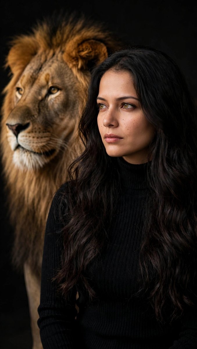 Fearless Woman With Lion Spirit Portrait - Sanjanaa Arole AI Prompt Visual