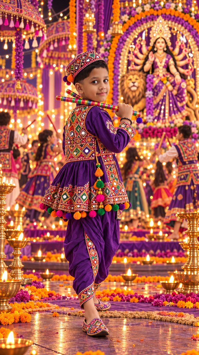Navratri  Purple Kutchi Embroidery - Shoulder Dandiya Pose - Purple Theme Durga Pandal Night AI Prompt Visual