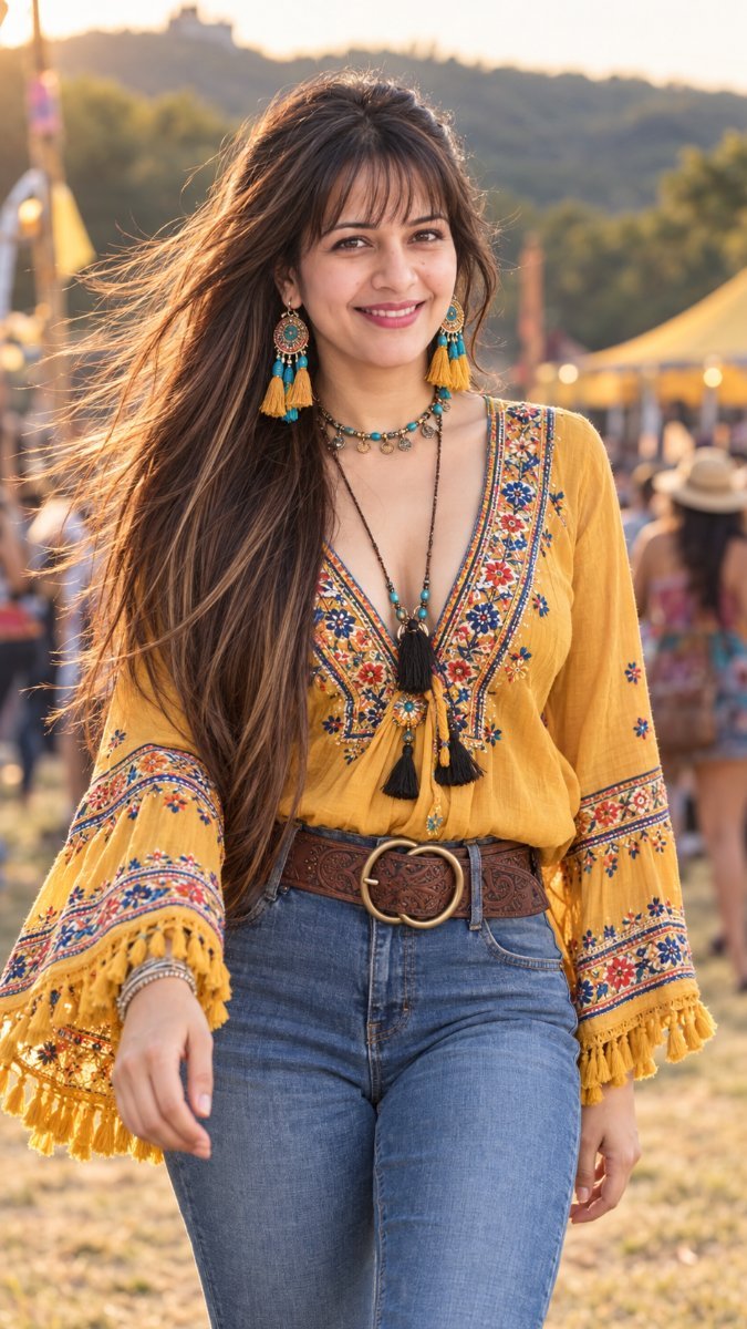 Mustard Boho Tassel Top With Jeans -  Sanjanaa Arole AI Prompt Visual
