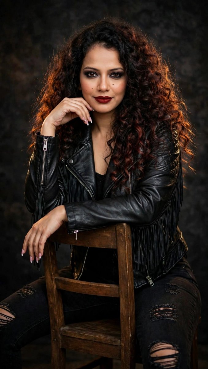 Sanjanaa Arole Black Fringe Leather Jacket Chair Pose - Curly Hair Red Lips - Moody Studio AI Prompt Visual