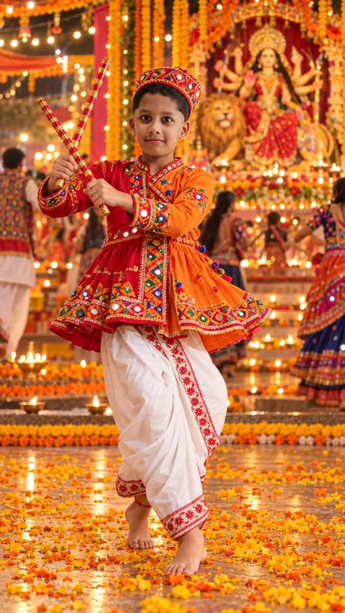 Navratri Garba Night - Orange Red Kedia Dhoti with Dandiya - Festive Durga Puja Pandal AI Prompt Visual