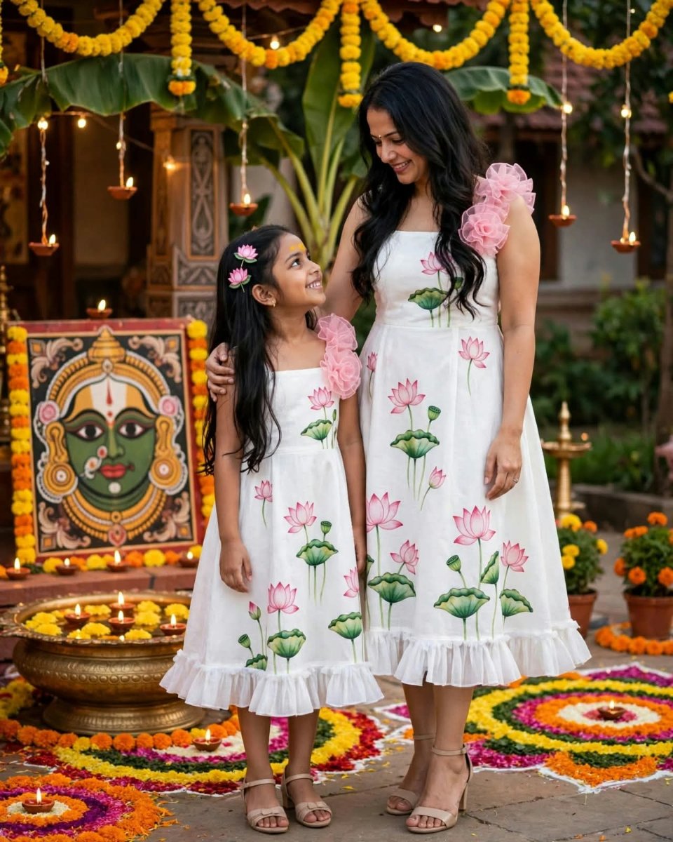 Sanjanaa Arole Mom and Daughter Matching Twinning Onam Dress - White Pink Lotus Print Frill Dress with Pink Organza Flower Shoulder Straps AI Prompt Visual