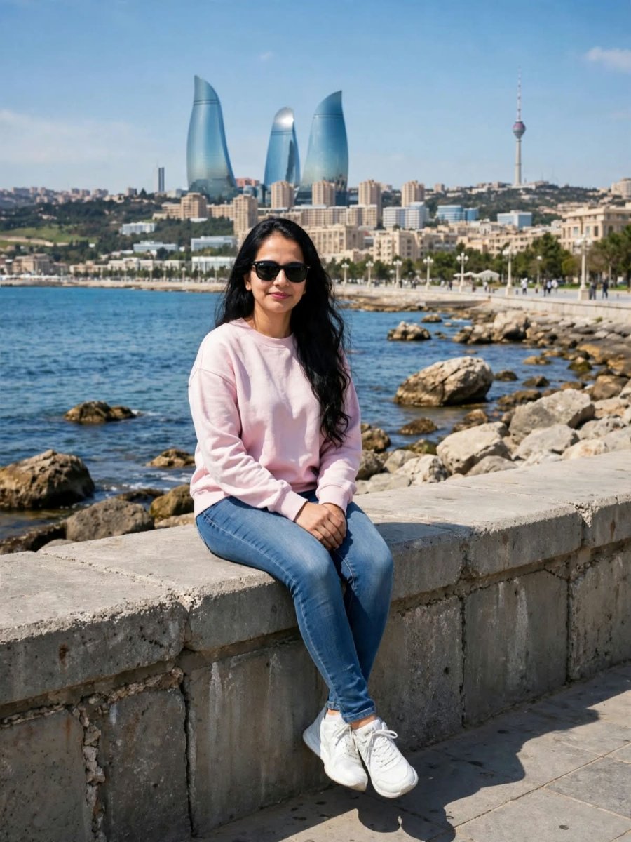 Sanjanaa Arole  Baku Seaside Casual Set - Light Pink Sweatshirt with Blue Denim Jeans and White Sneakers AI Prompt Visual
