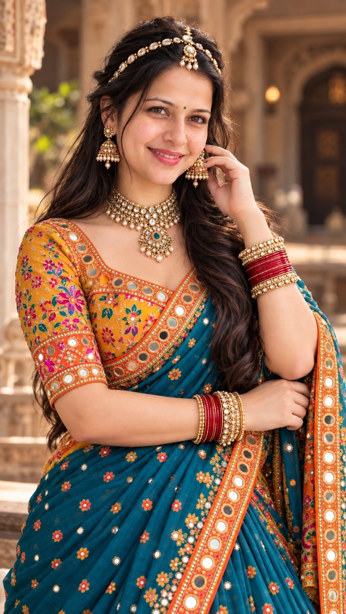 Teal Blue And Yellow Mirror Work Lehenga Choli - Sanjanaa Arole AI Prompt Visual