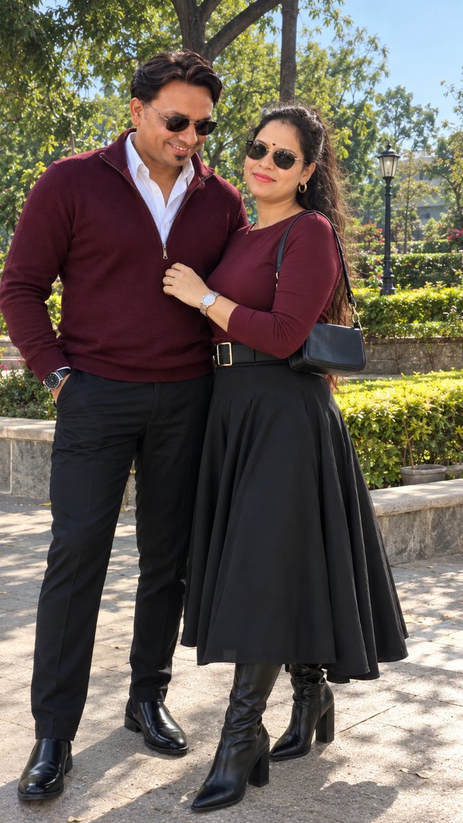 Burgundy Matching Couple In Garden Park - Stylish Man In Maroon Sweater And Woman In Maroon Top Black Skirt With Boots AI Prompt Visual