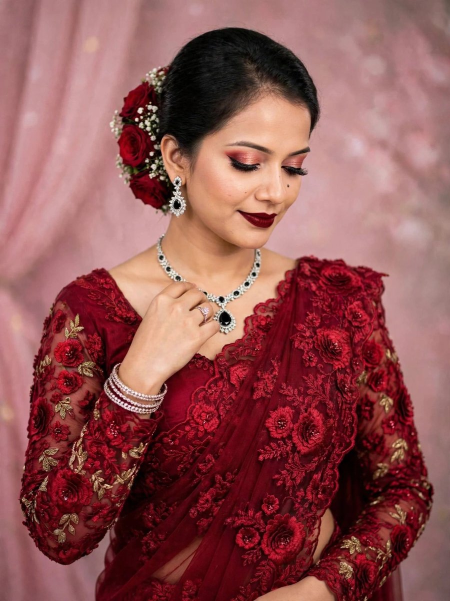 Sanjanaa Arole Bridal Red Floral Lace Look - Deep Red Rose Embroidered Net Saree Blouse with Diamond Jewelry and Red Rose Gajra Bun AI Prompt Visual
