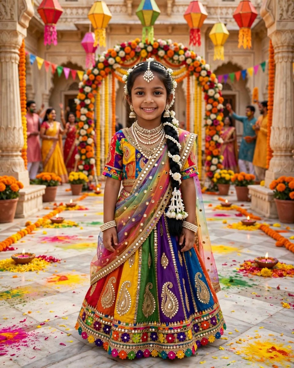 Sanjanaa Arole Little Baby Rainbow Lehenga Saree Draped Look - Multicolor Pachrangi Lehenga with Paisley Mirror Work and Rainbow Dupatta as Saree in Holi Palace AI Prompt Visual