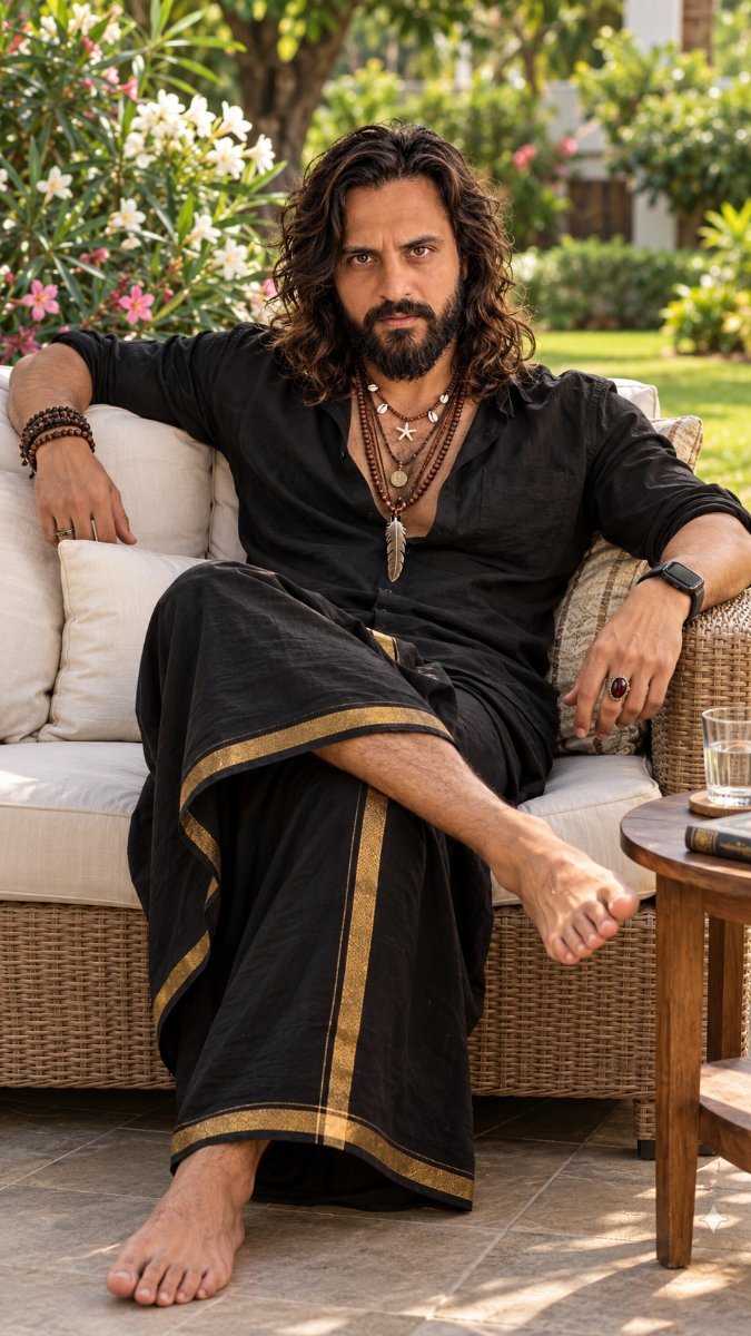 A man with long wavy hair sitting on an outdoor sofa in a garden wearing traditional black mundu lungi. Diinesh Patel AI Prompt Visual