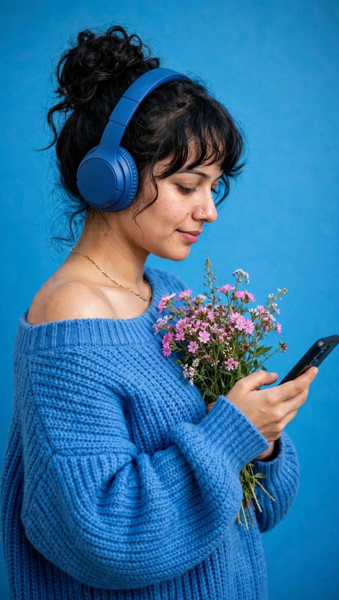 Sanjanaa Arole Blue Off-Shoulder Sweater - Headphone Phone Flowers - MonBlue Off-Shoulder Sweater - Headphone Phone Flowers - Monochrome Studioochrome Studio AI Prompt Visual