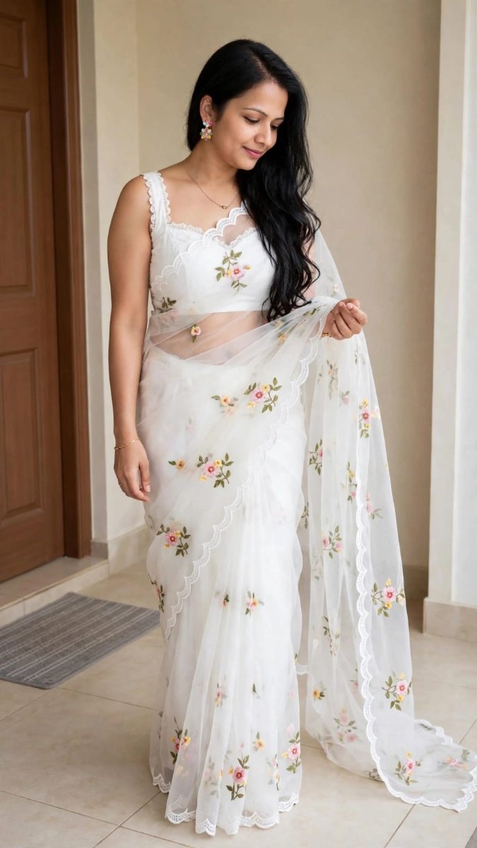 white sheer organza saree SANJANAA AROLE AI Prompt Visual