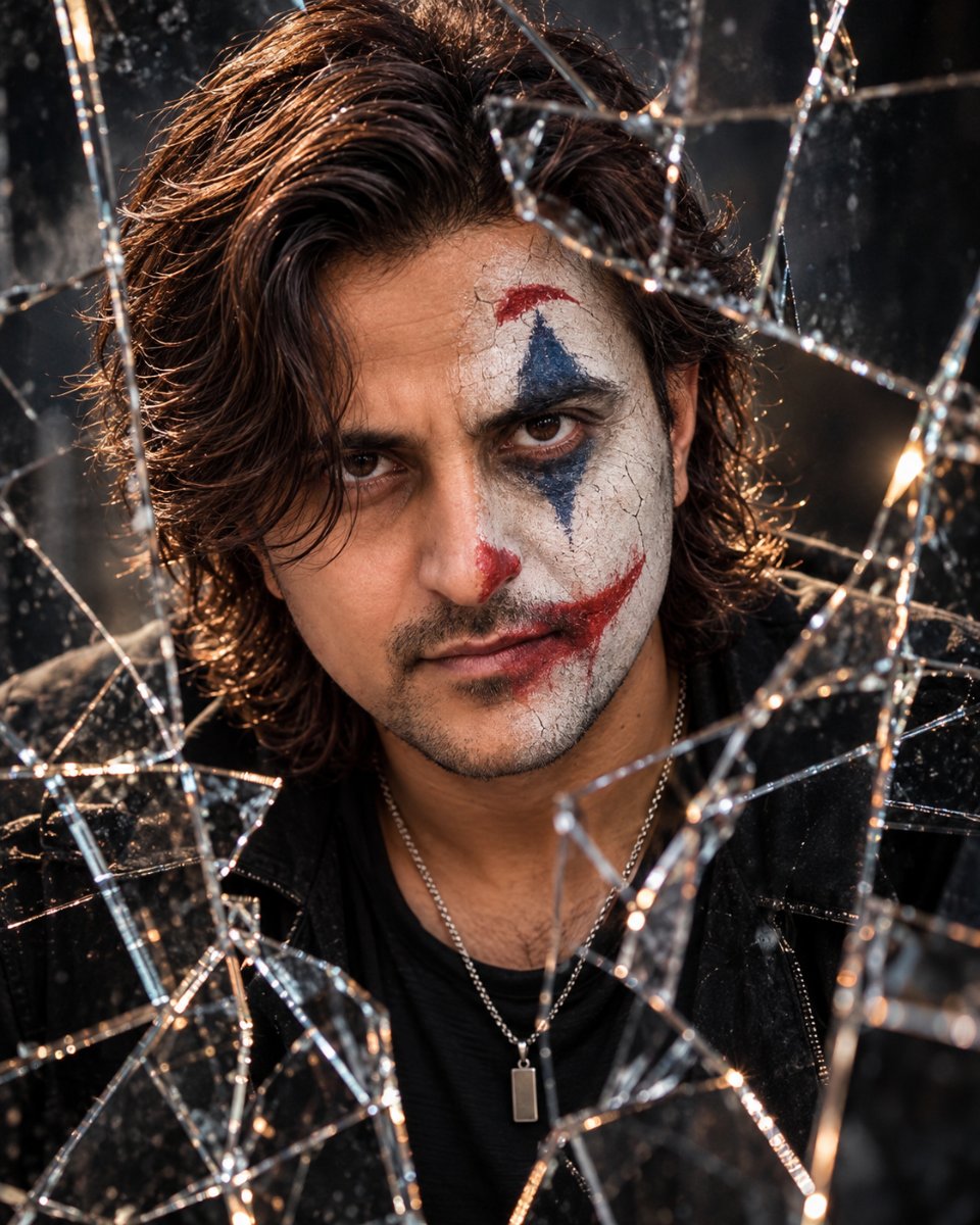 Diinesh Patel  Cracked Mirror Joker - Half Face Paint AI Prompt Visual