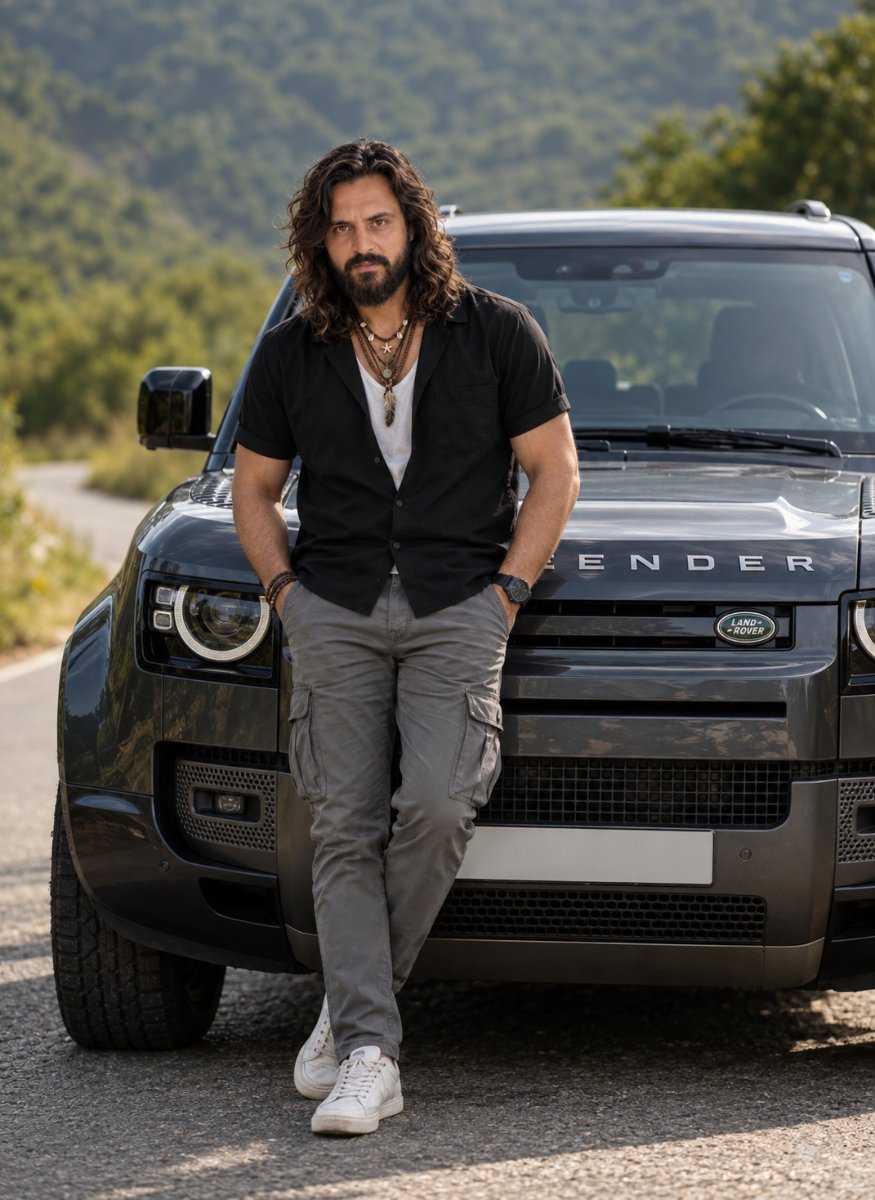 A man with long wavy hair leaning on a black Land Rover Defender SUV on a mountain road. Diinesh Patel AI Prompt Visual