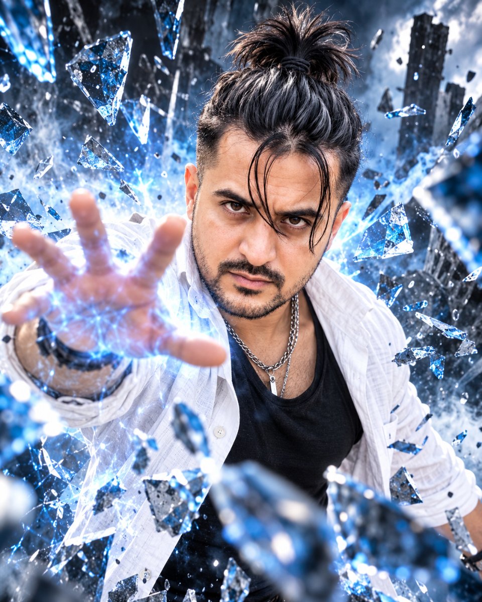 Blue Crystal Glass Shatter Power - Diinesh Patel AI Prompt Visual