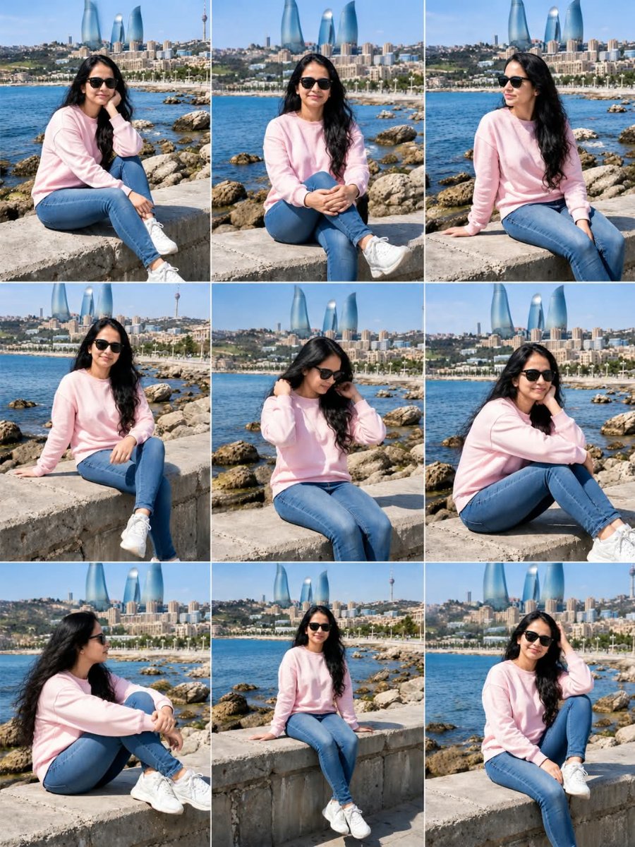 Sanjanaa Arole Baku Seaside Collage Set - Light Pink Sweatshirt with Blue Jeans and White Sneakers - 9 Poses Grid AI Prompt Visual
