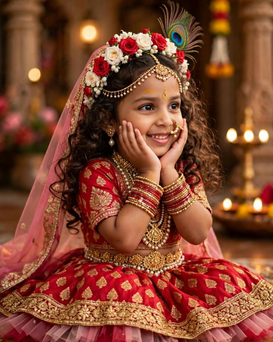 Sanjanaa Arole Little Baby Radha Rani Look - Red Gold Banarasi Lehenga with Rose Mukut and Peacock Feather and Pink Net Dupatta Veil AI Prompt Visual