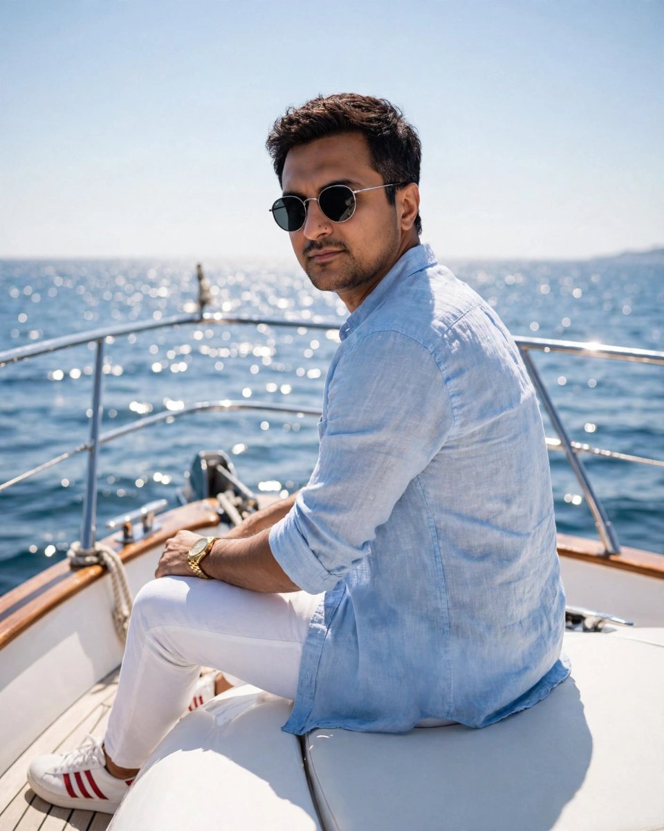 Luxury Yacht Look Back - Ocean Glitter Blue Shirt Diinesh Patel AI Prompt Visual