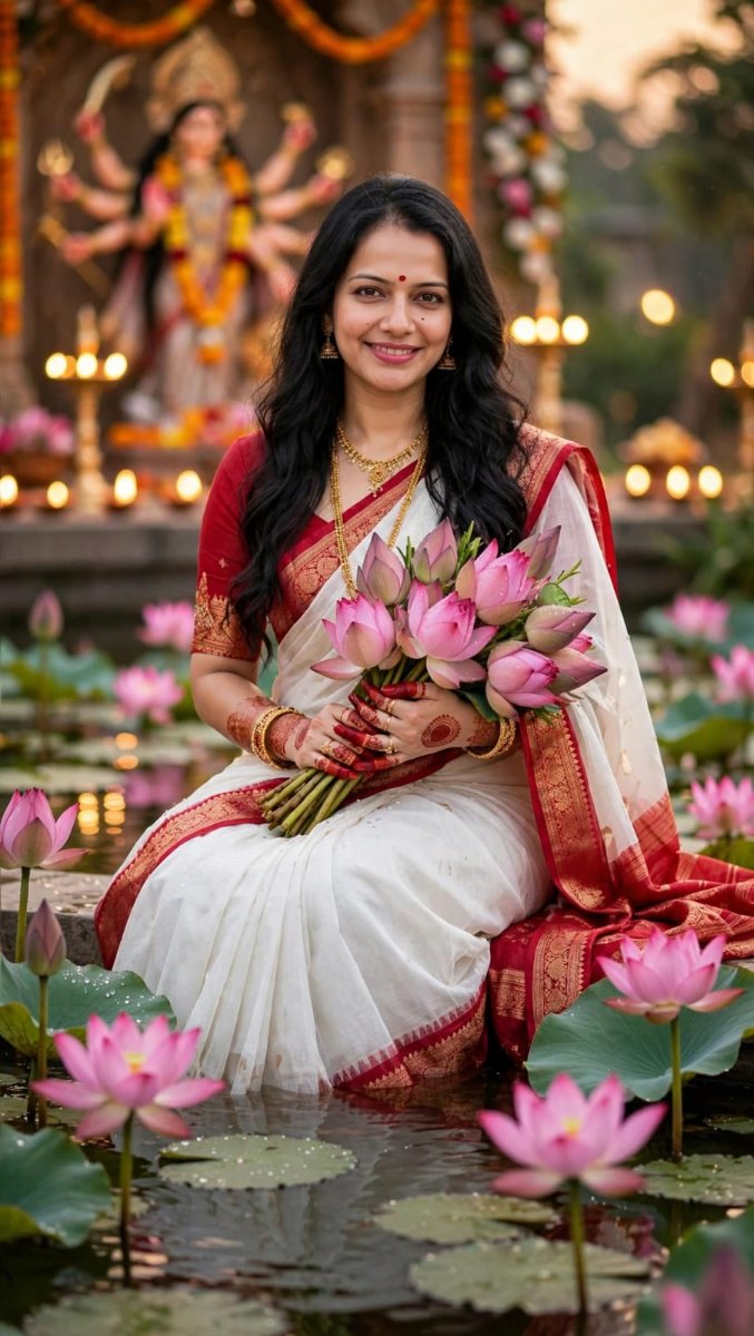Sanjanaa Arole White Red Durga Puja Bengali Saree - White Red Gold Zari Woven Border Handloom Cotton Saree with Red Embroidered Blouse and Lotus Bouquet AI Prompt Visual