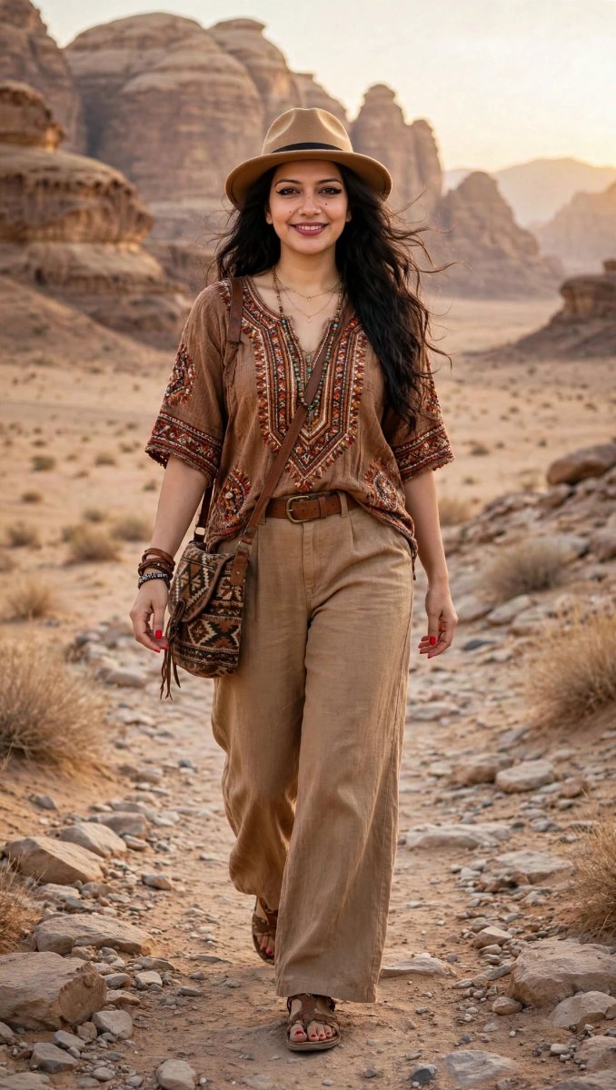Sanjanaa Arole Brown Embroidered Boho Top V Neck - Beige Wide Pants Leather Belt - Desert Trek Bag Hat AI Prompt Visual