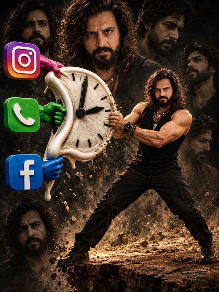A powerful cinematic poster of a man fighting against time being pulled by social media logos. Diinesh Patel AI Prompt Visual