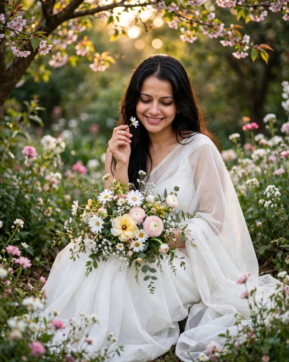 Sanjanaa Arole Spring Garden White Saree Look - White Sheer Organza Saree with White Blouse Holding Pastel Flower Bouquet AI Prompt Visual