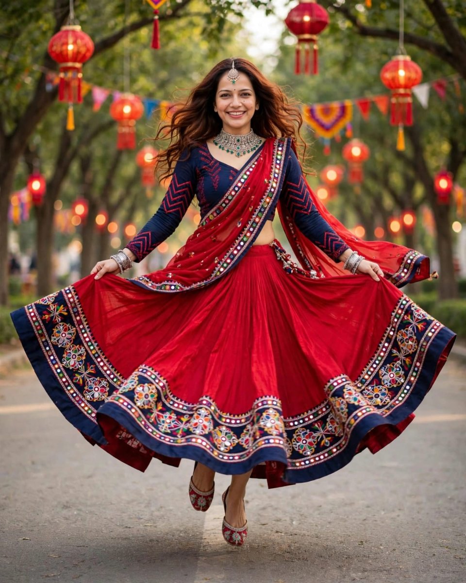 Sanjanaa Arole Navratri Garba Red Lehenga Look - Red Patola Border Lehenga Choli with Navy Blue Embroidered Blouse and Dupatta Dancing on Tree Lined Road AI Prompt Visual