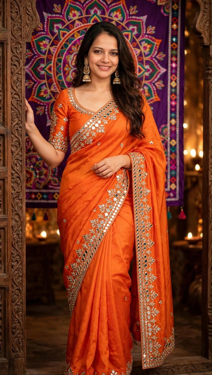 Sanjanaa Arole Bright Orange Mirror Work Saree - Gold Chandbali Earrings Festive Doorway Look AI Prompt Visual