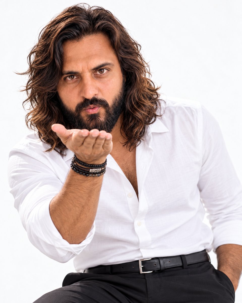 Flying Kiss White Shirt Charm - Playful Long Hair Diinesh Patel Studio Portrait AI Prompt Visual