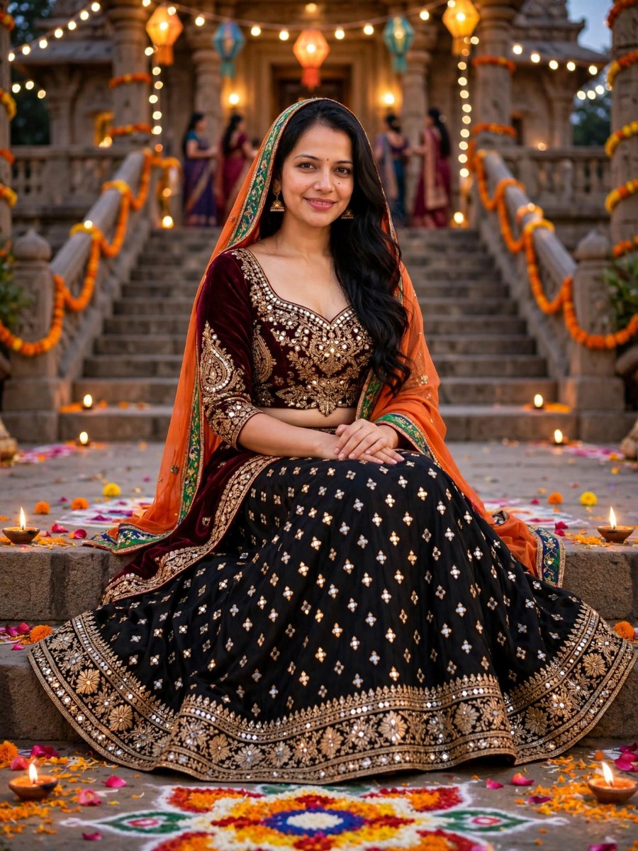 Sanjanaa Arole Diwali Temple Stairs Festive Look - Black Maroon Mirror Lehenga with Orange Multicolor Dupatta AI Prompt Visual