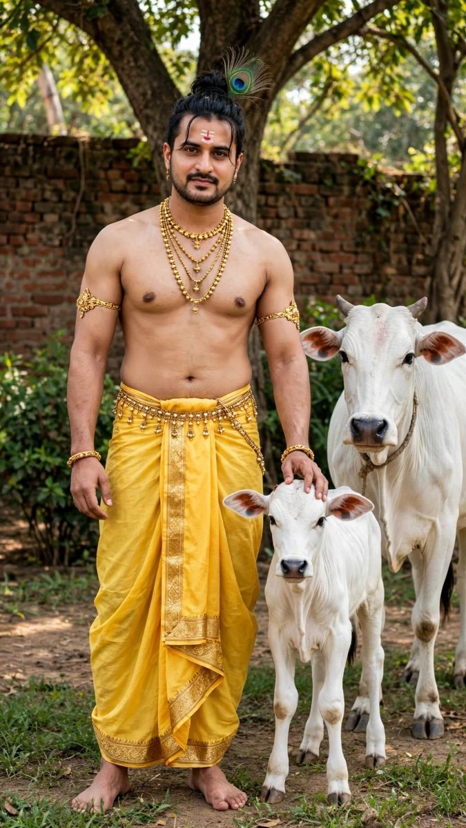 Young man standing with cows in garden Diinesh Patel AI Prompt Visual
