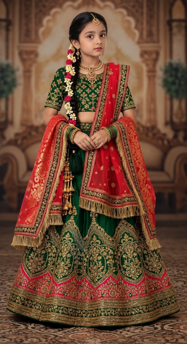 Cute little girl with innocent looking wearing royal lehenga Diinesh Patel AI Prompt Visual