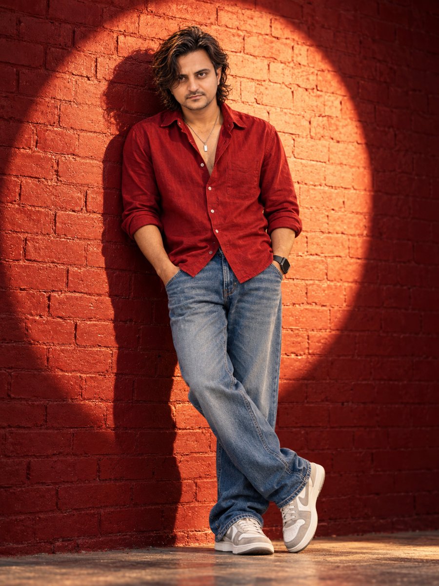 Red Spotlight Brick Wall Portrait - Leaning Pose Diinesh Patel AI Prompt Visual