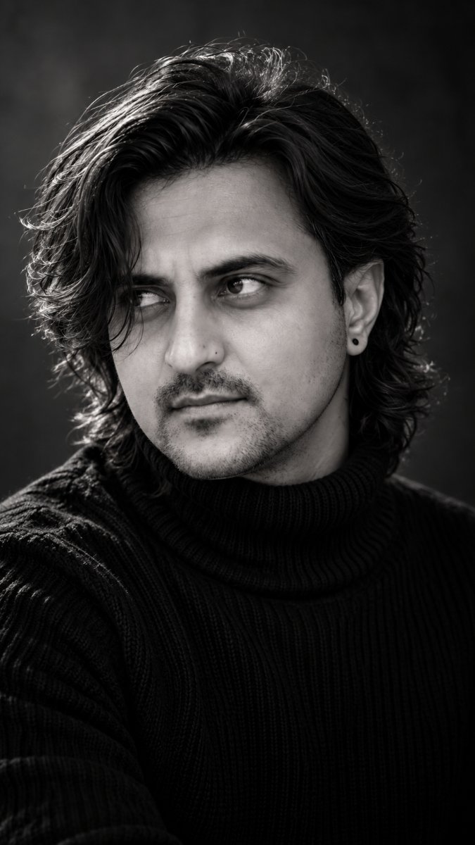 Long Wavy Hair Black Turtle Neck - Black And White Moody Studio Portrait. Diinesh Patel AI Prompt Visual