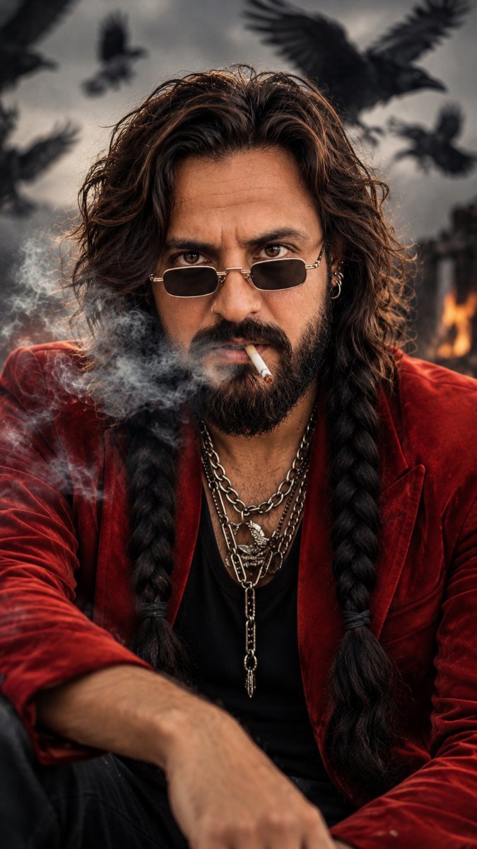A fierce portrait of a man with long braided hair smoking, with crows flying in stormy sky. Diinesh Patel AI Prompt Visual