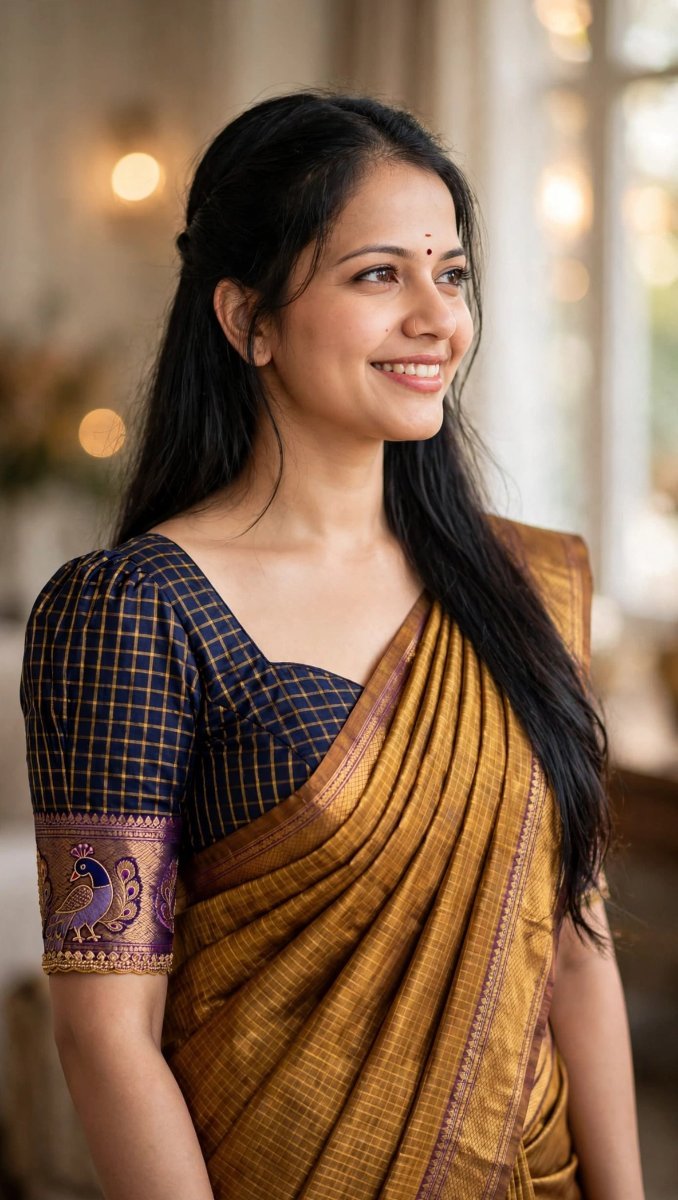 Mustard Gold Silk Saree With Puff Blouse - Sanjanaa Arole AI Prompt Visual