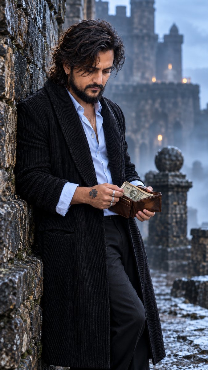 Castle Wall Misty Fortune - Black Corduroy Overcoat Wallet Money Clover Tattoo. Diinesh Patel AI Prompt Visual