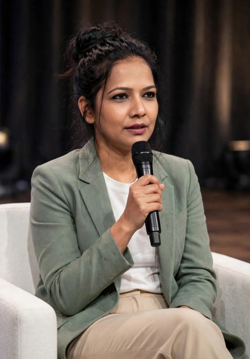 Medium portrait of a confident SANJANAA AROLE sitting on a white armchair on stage AI Prompt Visual
