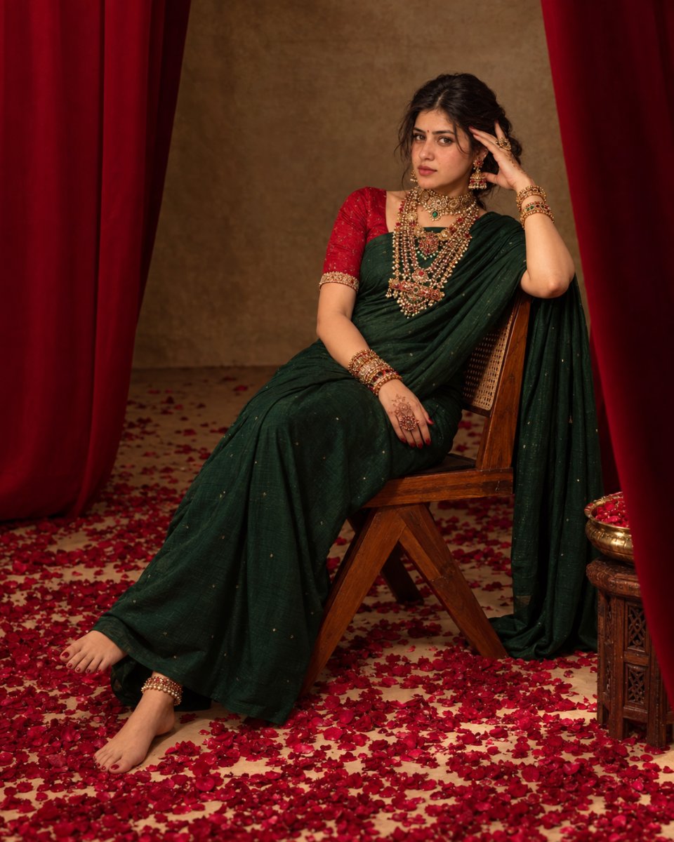 Regal Green Saree Indian Portrait AI Prompt Visual
