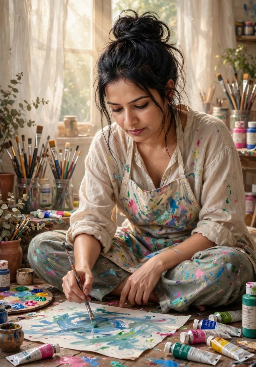 bright sunlit art studio SANJANAA AROLE AI Prompt Visual