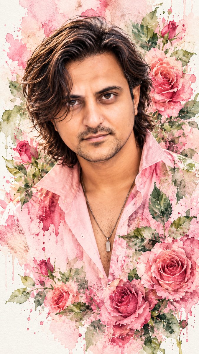 Pink Roses Watercolor Blend Floral Portrait - Wavy Hair Silver Pendant Dreamy. Diinesh Patel AI Prompt Visual