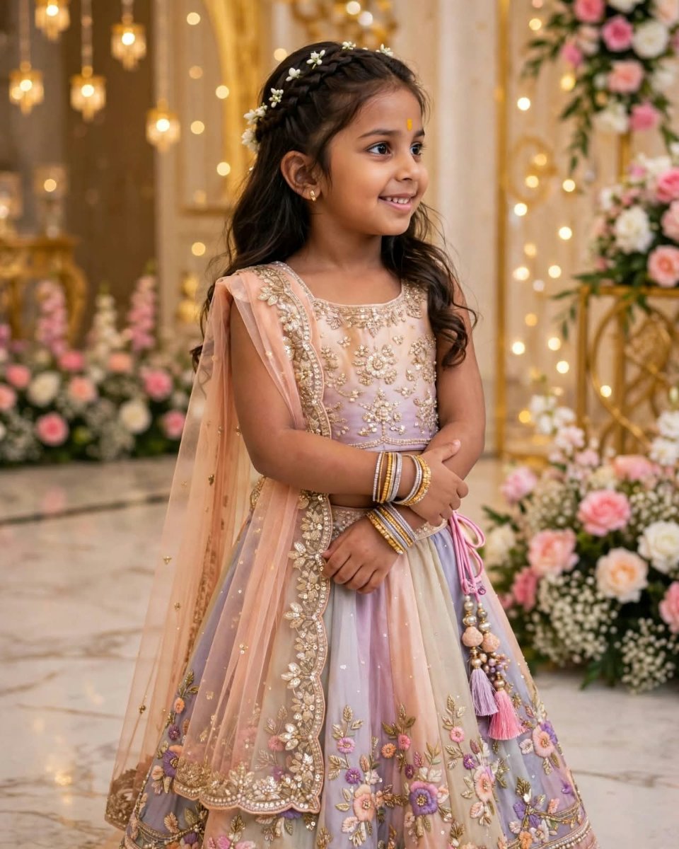 Sanjanaa Arole Little Baby Pastel Rainbow Lehenga Choli - Lavender Peach Panel Sequin Embroidered Lehenga with Peach Dupatta AI Prompt Visual