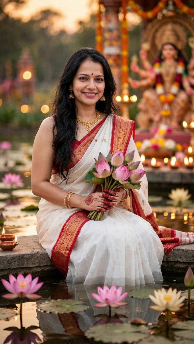 Sanjanaa Arole White Red Durga Puja Saree - White Red Gold Zari Border Bengali Handloom Cotton Saree with Red Blouse AI Prompt Visual