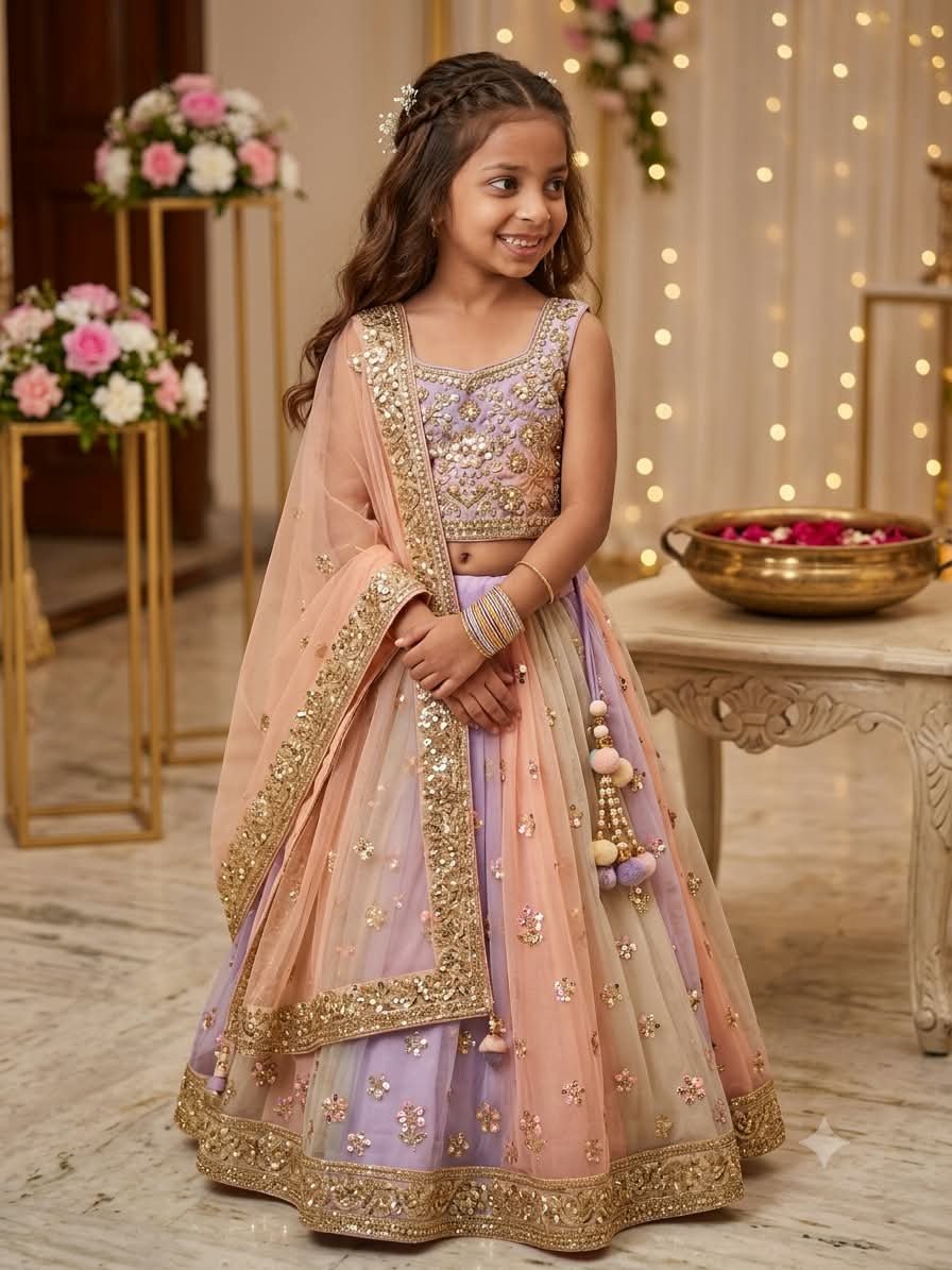 Sanjanaa Arole Little Baby Pastel Rainbow Lehenga Choli - Lavender Peach Panel Sequin Embroidered Lehenga with Peach Dupatta AI Prompt Visual