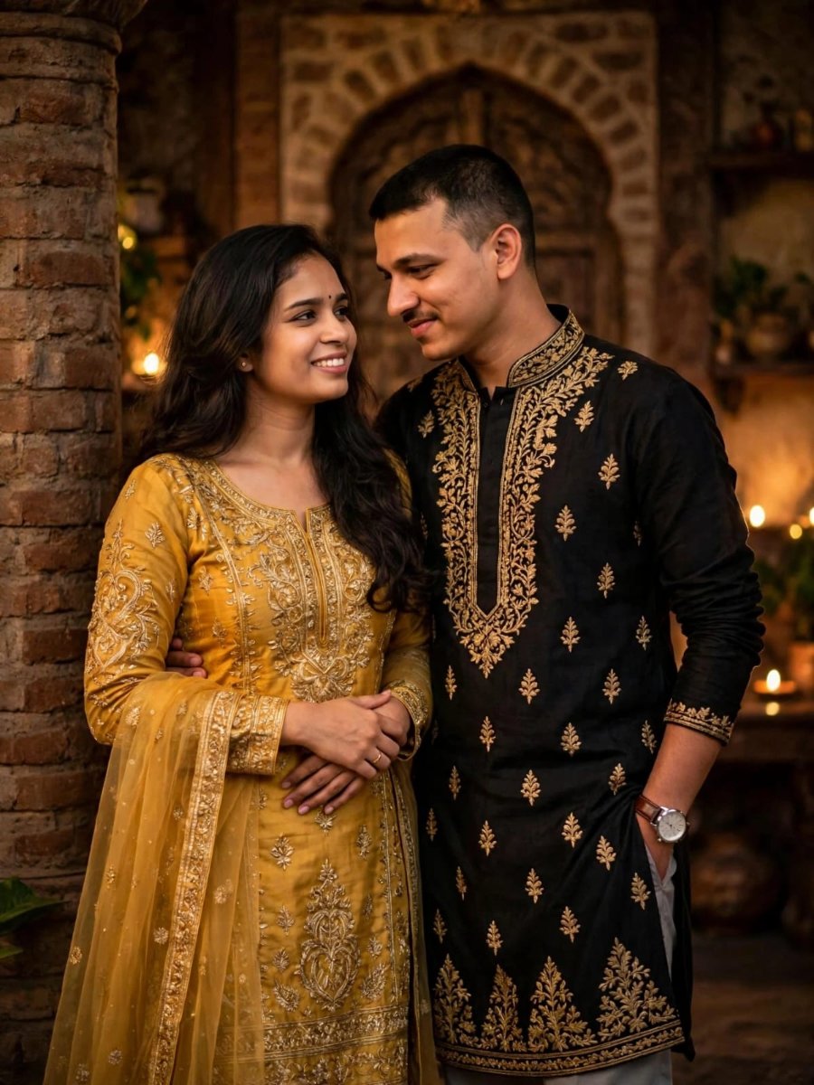 Mustard Black Couple Matching Diwali Set - Mustard Gold Zardozi Anarkali Suit with Dupatta and Black Gold Embroidered Kurta AI Prompt Visual